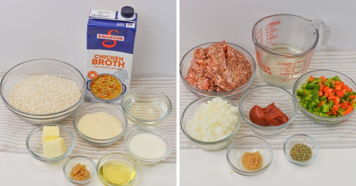 Two panels showing ingredients for Sausage Risotto: chicken broth, rice, butter, oil, cheese, sausage, milk, onion, tomato paste, bell pepper, garlic, and dried herbs in glass bowls.