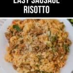 A plate of creamy Sausage Risotto garnished with grated cheese and chopped herbs, viewed from above.