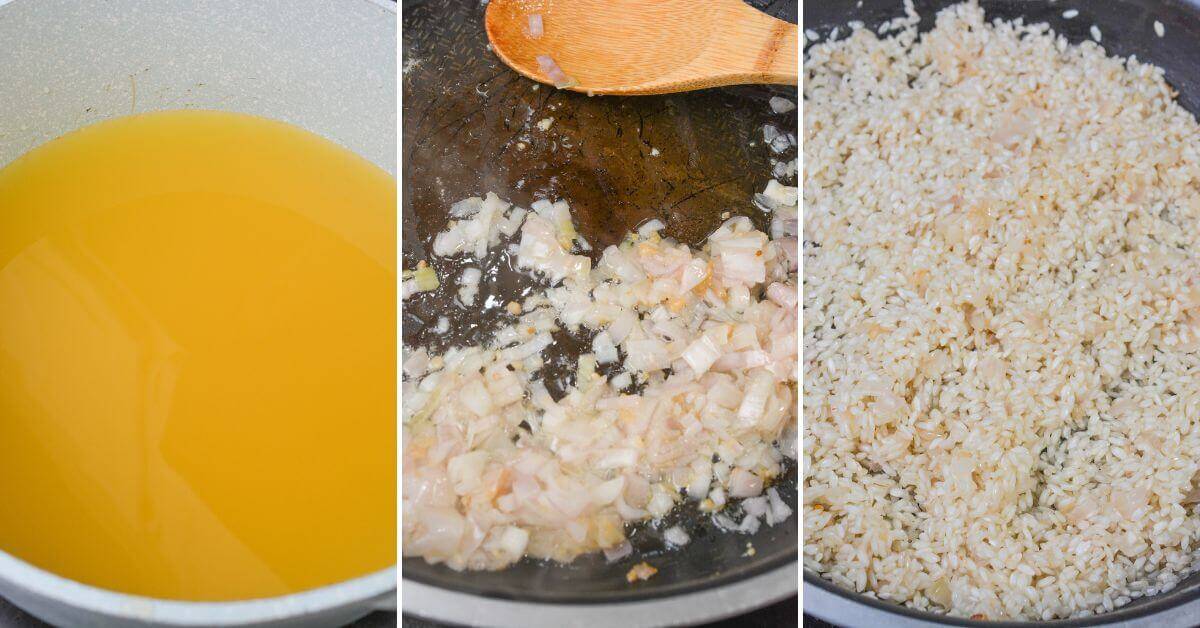 Three images show Sausage Risotto cooking steps: broth in a pot, onions sautéing in a pan with a wooden spoon, and Arborio rice being stirred with onions in a pan.