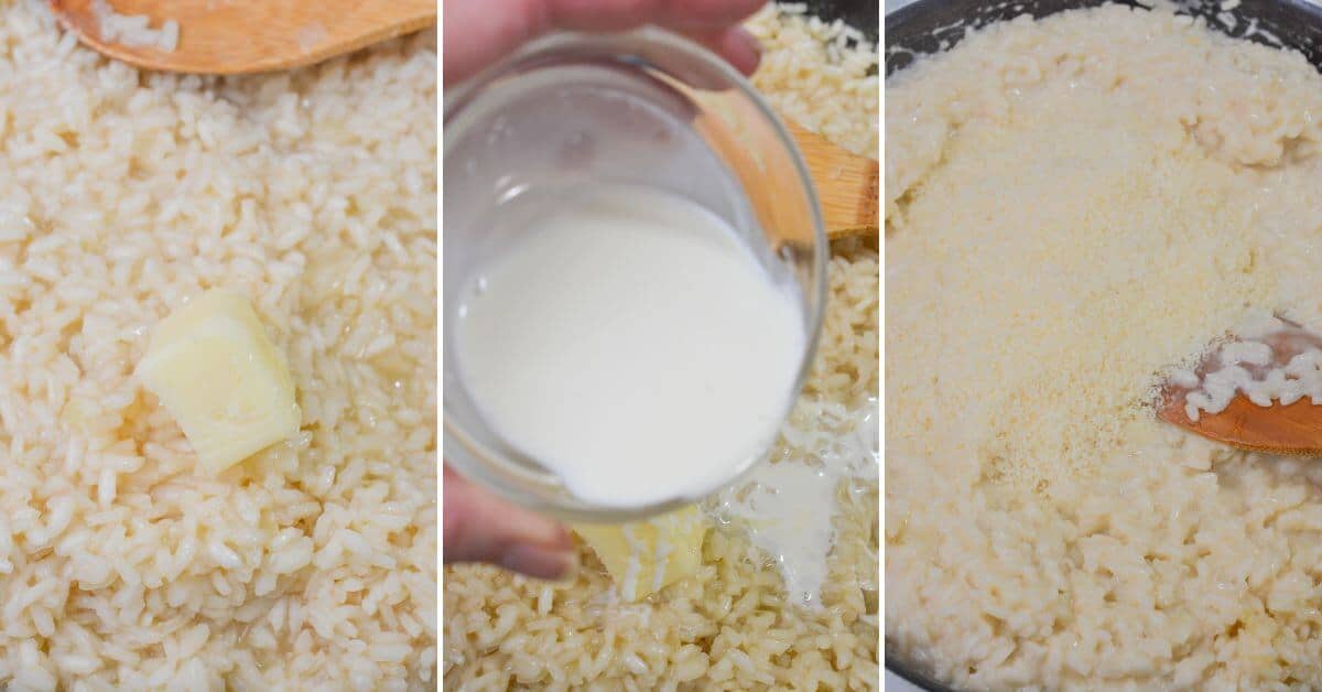 Three-step process of making Sausage Risotto: adding butter to cooked rice, pouring in cream, and mixing in grated cheese with a wooden spoon.