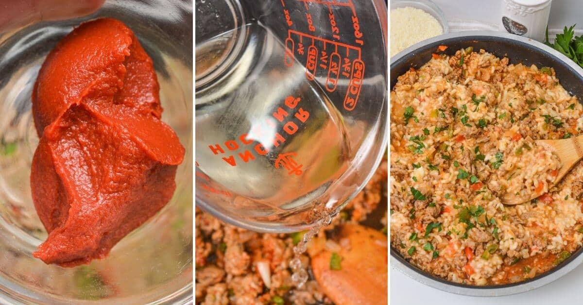 Three images show: tomato paste in a glass bowl, water being poured into a measuring cup, and a skillet with cooked ground meat, rice, and herbs being stirred for a savory Sausage Risotto.