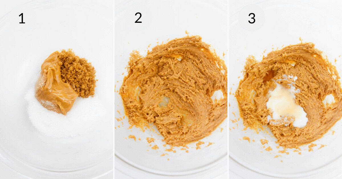 Three-step process for edible peanut butter cookie dough: Image 1 shows a bowl with peanut butter and sugars. Image 2 shows the mixture creamed. Image 3 displays the mixture with added liquid ingredients.