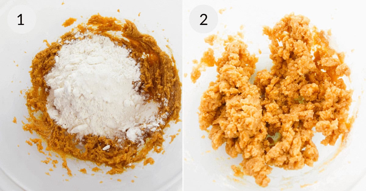 Step 1: Edible Peanut Butter Cookie Dough with flour added. Step 2: Mixed cookie dough without visible flour.