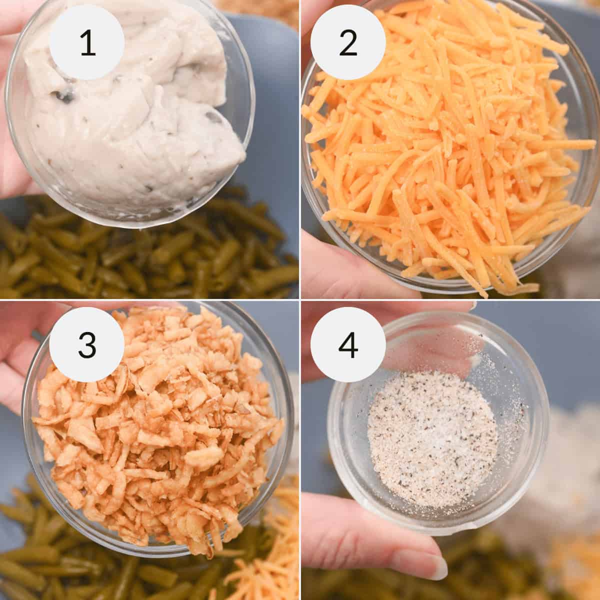 Four labeled bowls for French’s Green Bean Casserole: 1. Cream of mushroom soup, 2. Shredded cheddar cheese, 3. Crispy fried onions, 4. Mixed salt and pepper seasoning.