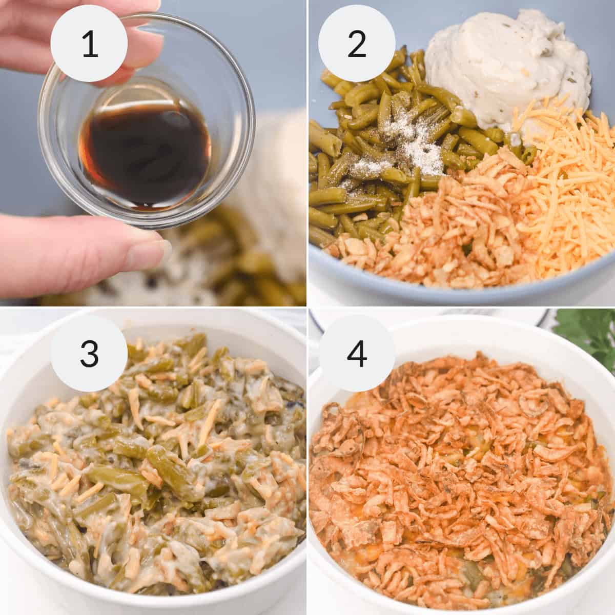 Step-by-step images show ingredients being mixed to prepare a classic French’s Green Bean Casserole, finishing with a layer of crispy fried onions before baking.