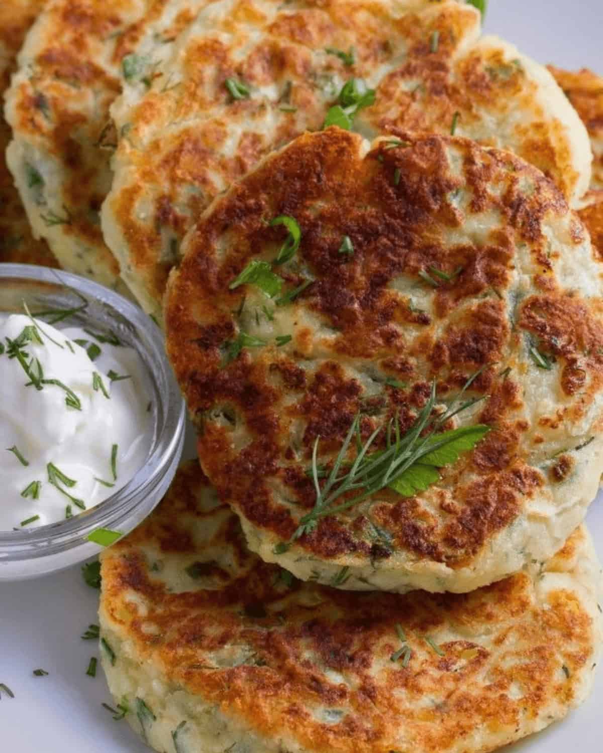 A tray of the fried mashed potato cakes with sour cream dipping sauce.