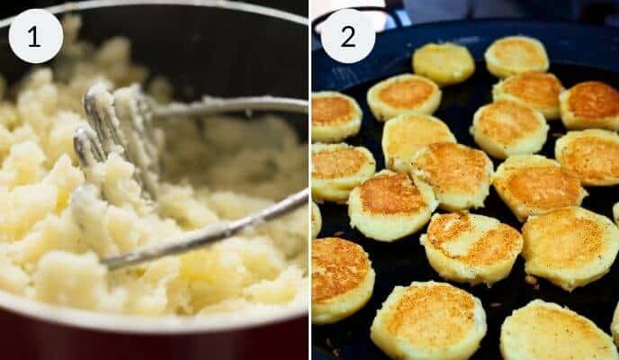 Mashing the potatoes and frying the cakes on a griddle.