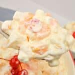 A spoonful of the fruit salad with cool whip.