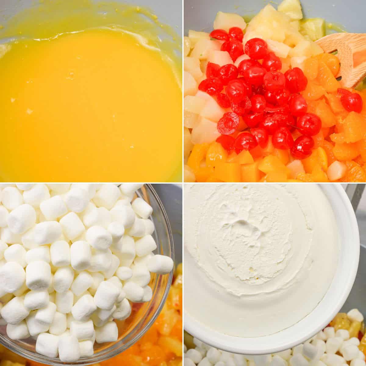 Mixing the fruit and marshmallows and whipped cream.