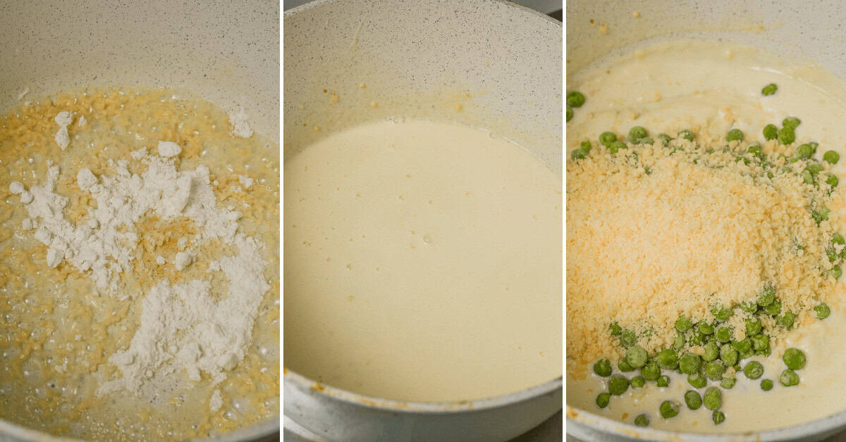 Three stages of cooking Garlic Parmesan Pasta with Chicken: adding flour to sautéed garlic, creating a smooth creamy mixture, and finally adding peas, chicken, and grated cheese to the mixture in a large pot.