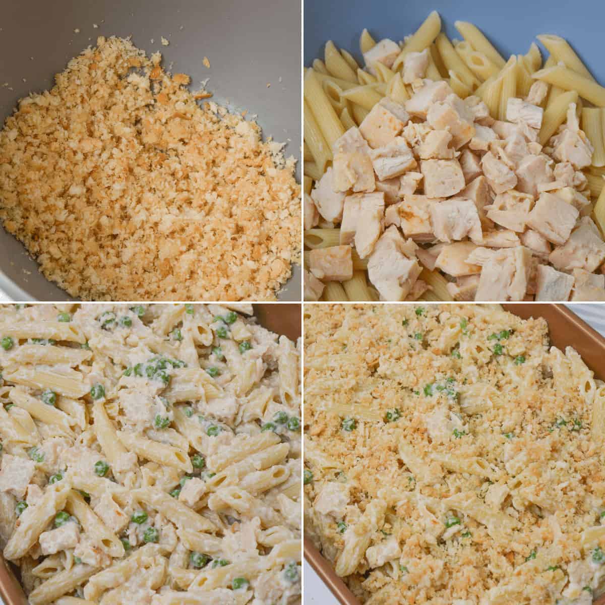 Four-step collage of Garlic Parmesan Pasta with Chicken: 1) breadcrumbs in a bowl, 2) penne and chicken pieces, 3) mixed with peas in a creamy garlic sauce, 4) topped with breadcrumbs in a baking dish.