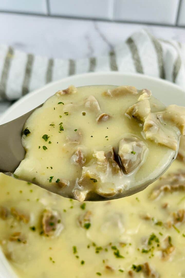 A spoonful of creamy mushroom soup garnished with herbs, held above a bowl of the same soup—perfect alongside rich turkey neck gravy.