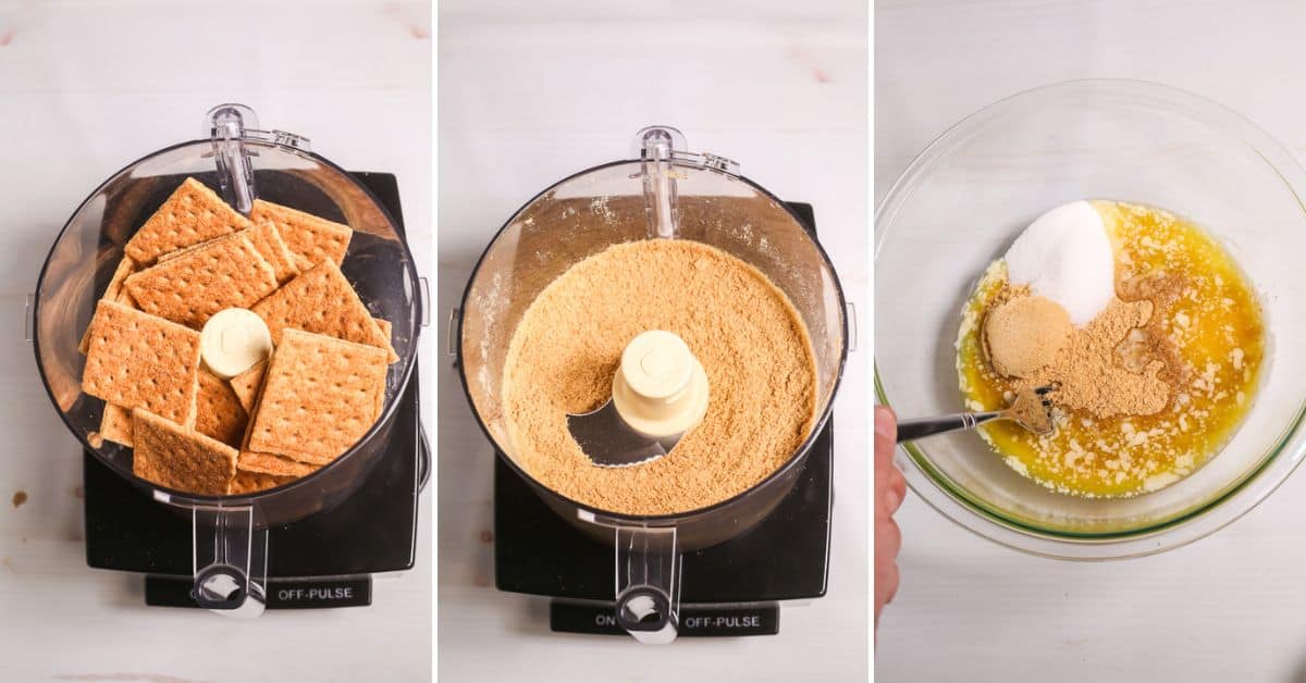 Three images show the steps to make a Graham Cracker Pie Crust: whole crackers in a food processor, crushed crumbs, and a bowl where melted butter, sugar, and crumbs are being mixed together.