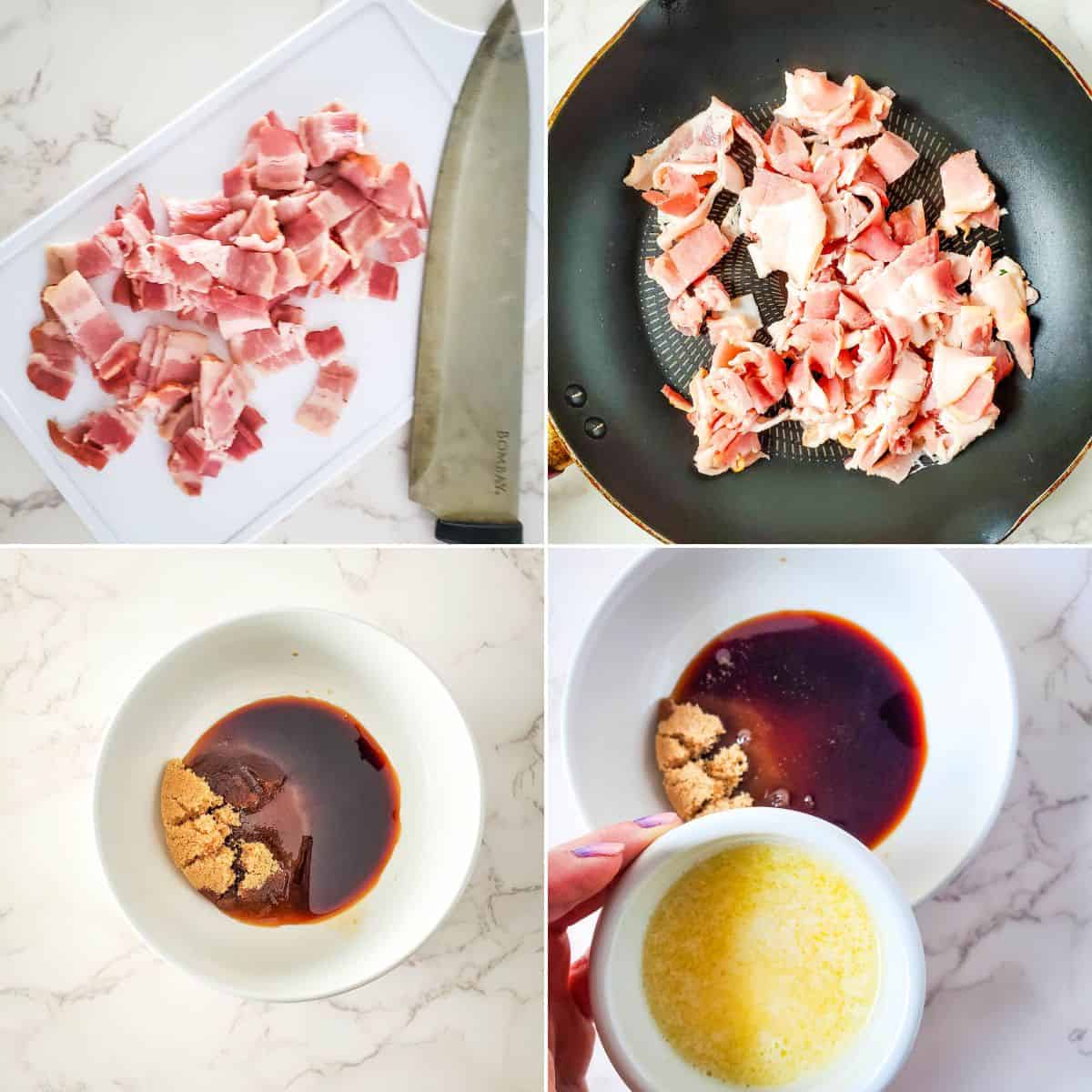 Four images show steps for Green Beans with Bacon and Onion: chopped bacon on a cutting board, bacon pieces sizzling in a pan, brown sugar and sauce in a bowl, and melted butter being added to the mixture.