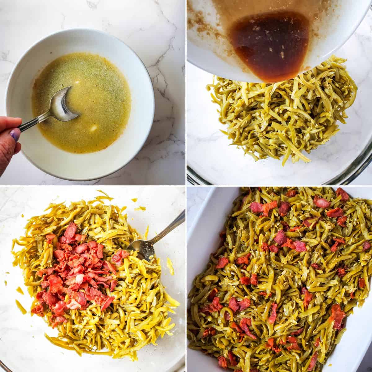 Four-step collage showing the process of making casserole: mixing sauce, pouring over green beans, adding bacon and onion, and the casserole in a baking dish ready to bake.