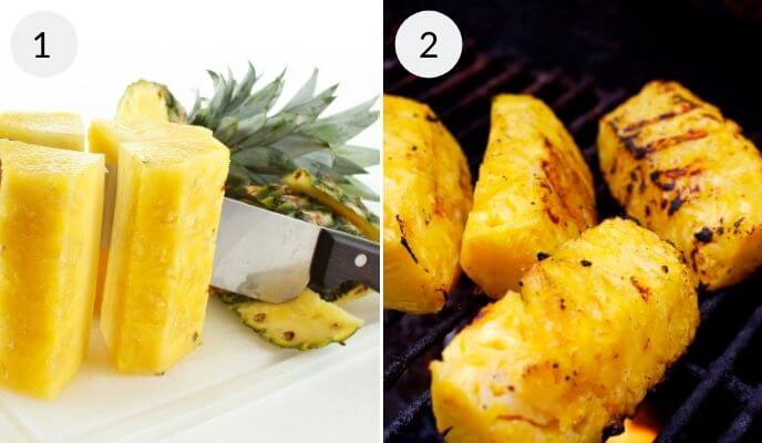 Image of two stages of preparing pineapple. Image 1 shows a knife cutting fresh pineapple. Image 2 showcases grilled pineapple slices being sizzled to perfection on a barbecue.