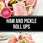 A plate of low-carb pickle roll-ups, each ham-wrapped delight securely held together with toothpicks, offering a tasty twist on the classic snack.