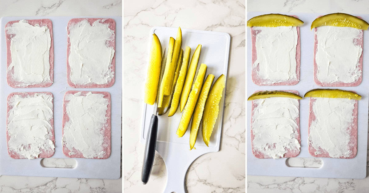 A three-step process for pickle roll ups: cream cheese spread on sliced ham, pickle slices on a cutting board, and pickle-topped ham pieces.