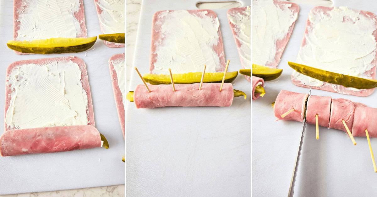 Three images showcase Pickle Roll Ups: ham slices spread with cream cheese, each crowned with a pickle, then rolled and sliced. Toothpicks securely hold these bites together.