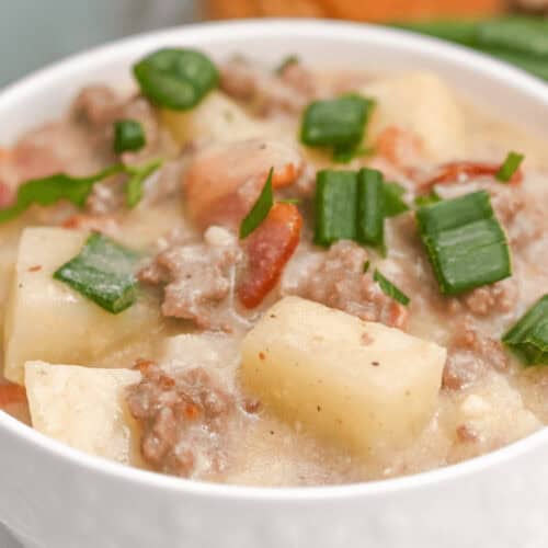 A bowl of hamburger potato soup.