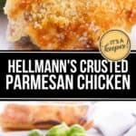 A breaded and baked piece of Hellmann's Crusted Parmesan Chicken served with Brussels sprouts on a white plate. Text reads: "Hellmann's Crusted Parmesan Chicken.