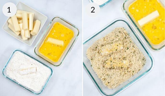 Two-panel image showing steps to make Air Fryer Mozzarella sticks: panel 1 has cheese, egg mixture, and flour; panel 2 shows cheese sticks dipped in egg and coated with seasoned breadcrumbs, ready for the air fryer.