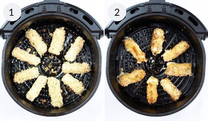 Side-by-side images of Air Fryer Mozzarella sticks arranged in a circle inside an air fryer; left shows them uncooked, right shows them browned after cooking. Numbers 1 and 2 label the images.