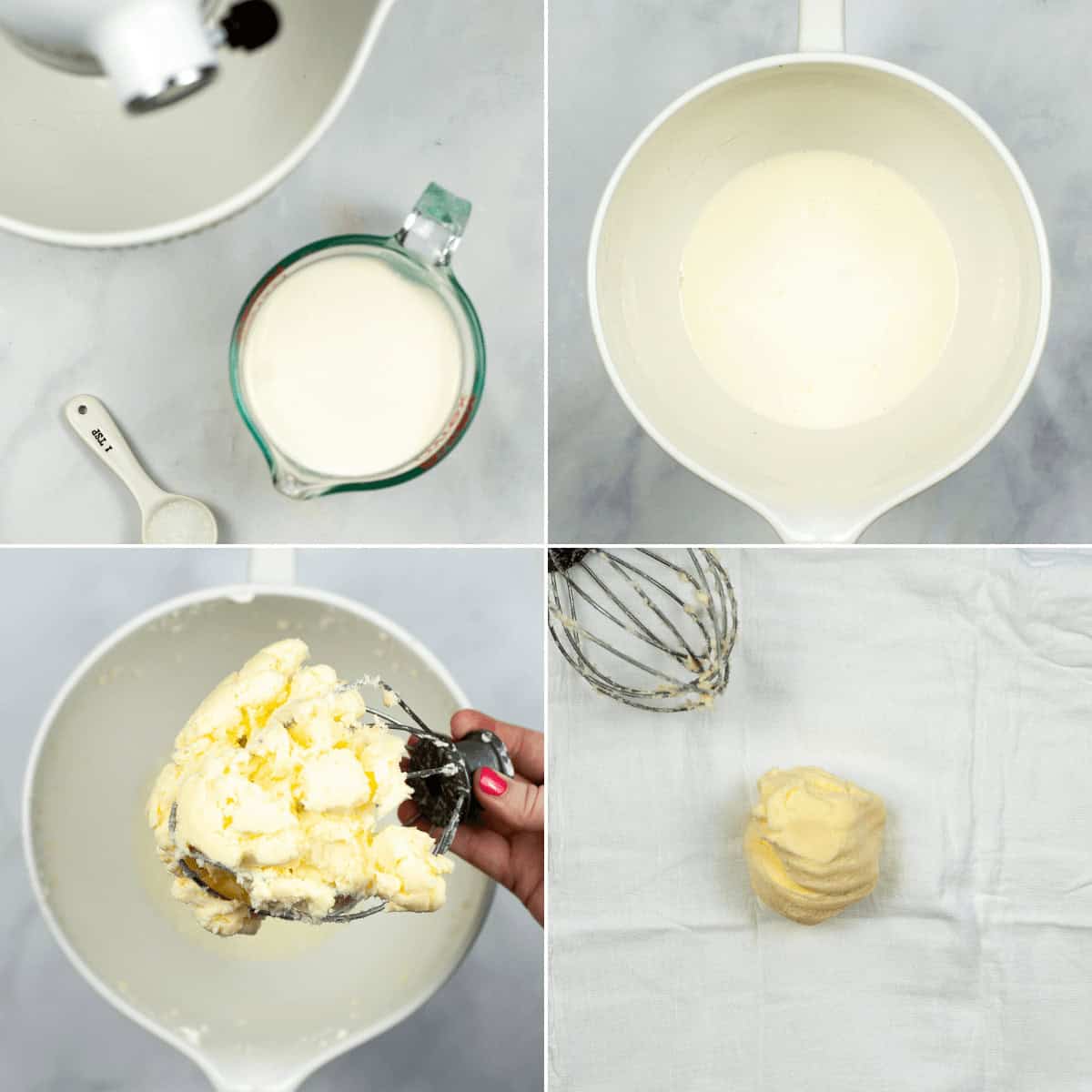 Four-step process of making irresistible homemade butter: 1) Gather cream and salt. 2) Pour cream into a mixing bowl. 3) Whip until butter clings to the whisk. 4) Shape your freshly formed butter on a cloth for that perfect homemade touch.