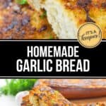 Golden-brown slices of homemade garlic bread with fresh parsley rest on a plate, shown in close-up and on a serving dish.