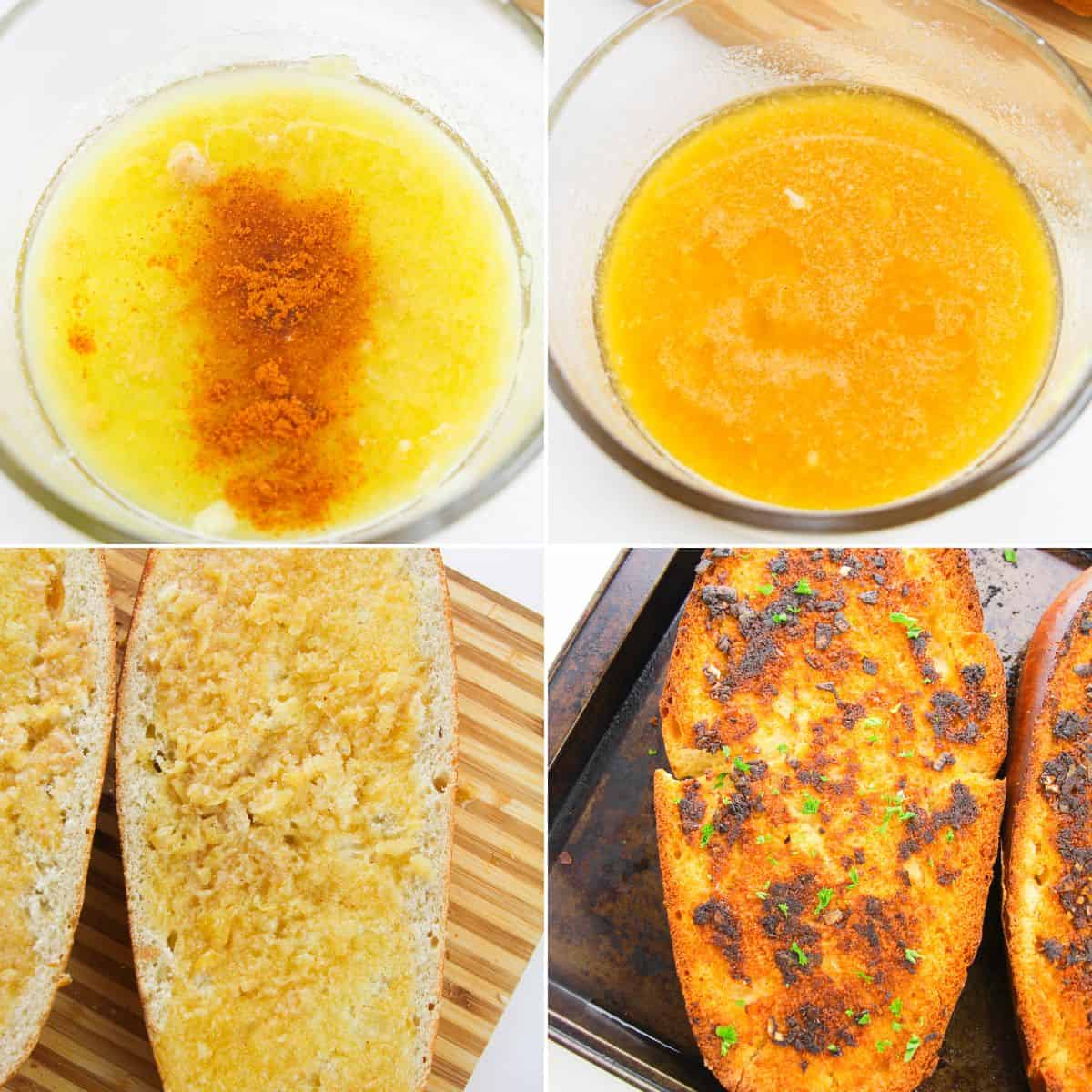 Homemade Garlic Bread is made in four simple steps: mix melted butter with seasoning, spread over bread halves, and bake until golden brown.