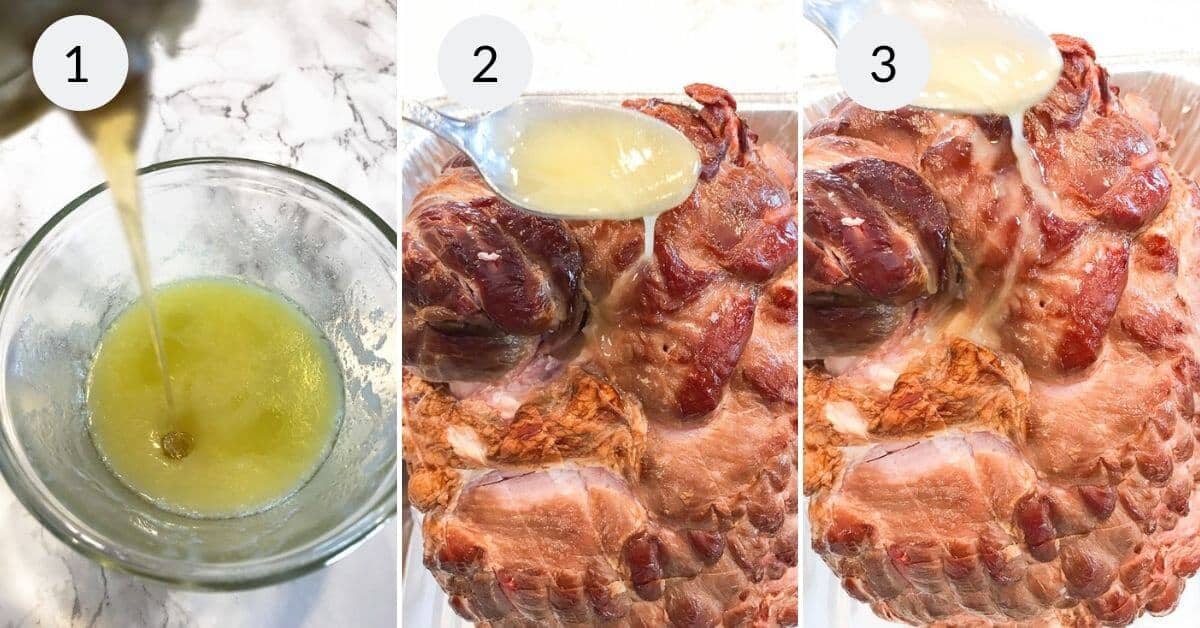 Experience a copycat honey baked ham with our three-step process: start by preparing a delightful liquid glaze in the glass bowl from image 1, then pour it generously over the succulent meat in images 2 and 3, ensuring every bite is infused with flavor.