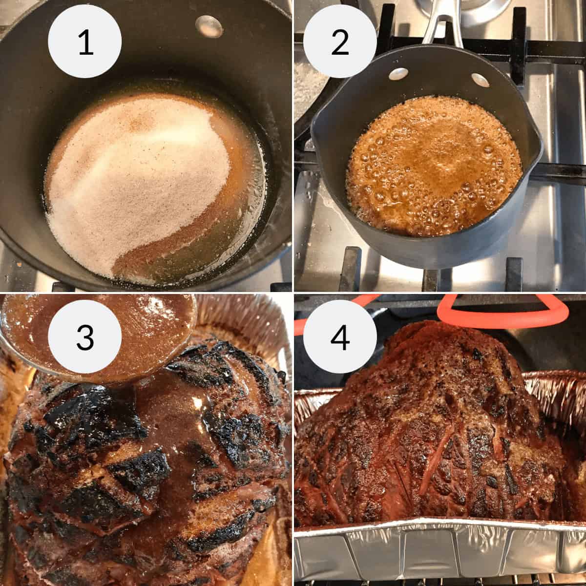 Crafting a copycat Honey Baked Ham involves a four-step process: 1) Prepare a sugar mixture in a pot, 2) Bring the mixture to a boil, 3) Pour the glaze over the scored ham, and 4) Place the finished glazed masterpiece in a roasting pan.