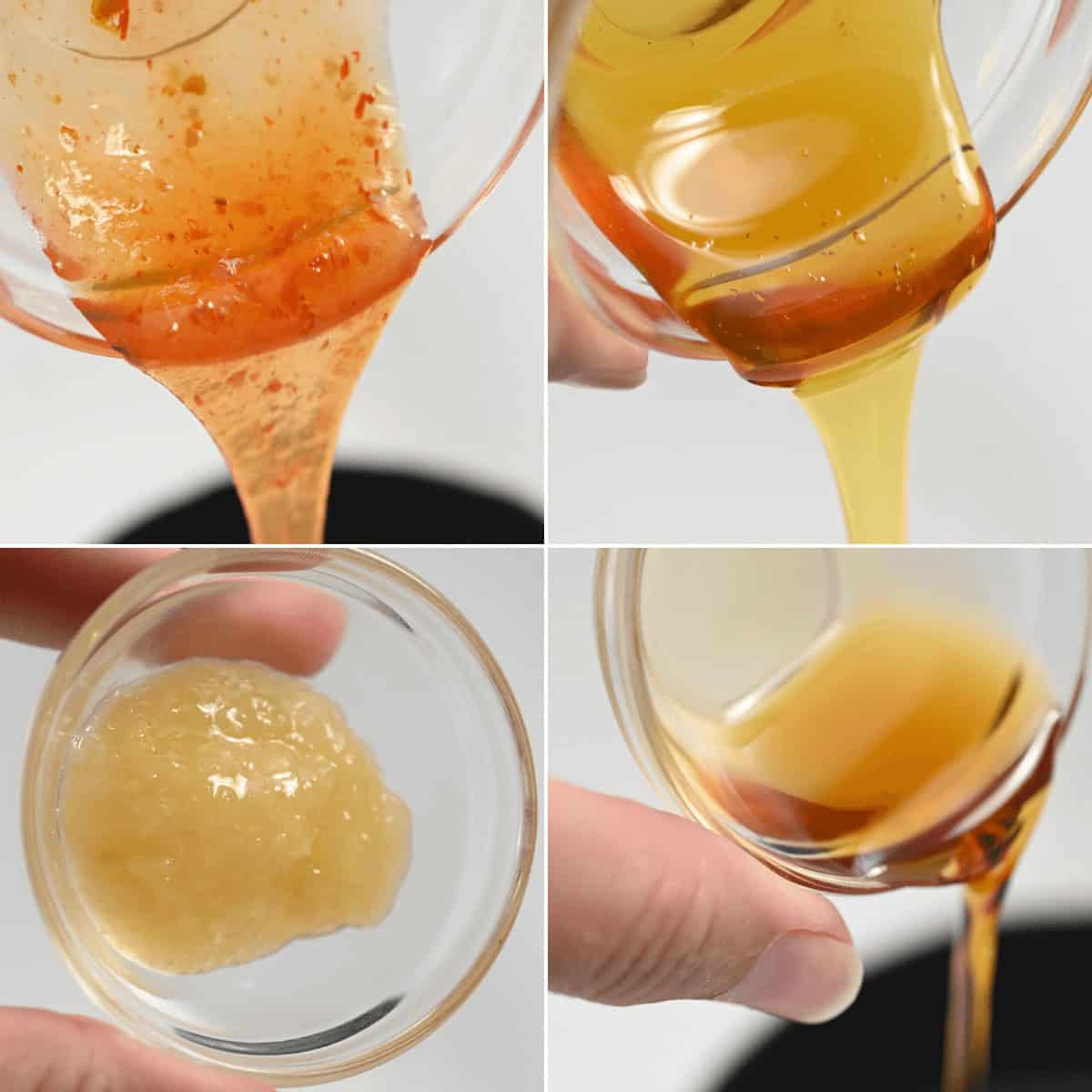 Four images depict the delicious process of creating Honey Sesame Chicken: a vibrant red sauce, rich golden honey, a creamy beige paste, and a savory brown liquid being expertly poured to craft this mouthwatering dish.