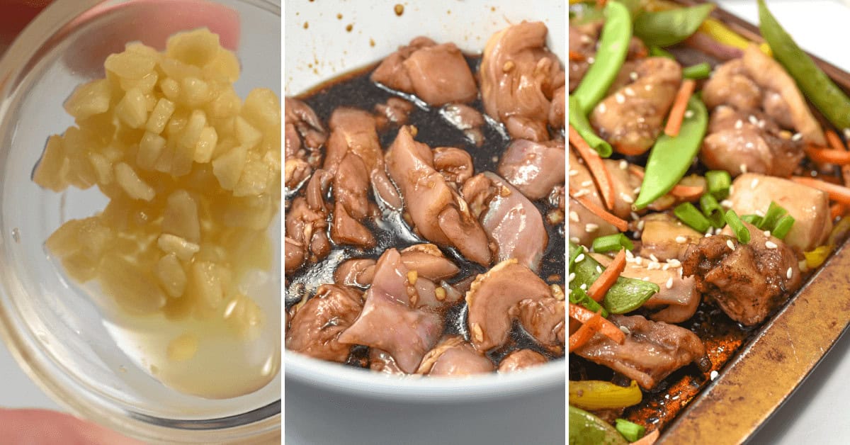 Three stages of cooking: minced garlic in a bowl, raw chicken pieces marinating in a honey sesame soy sauce, and cooked stir-fry chicken with vegetables on a tray.