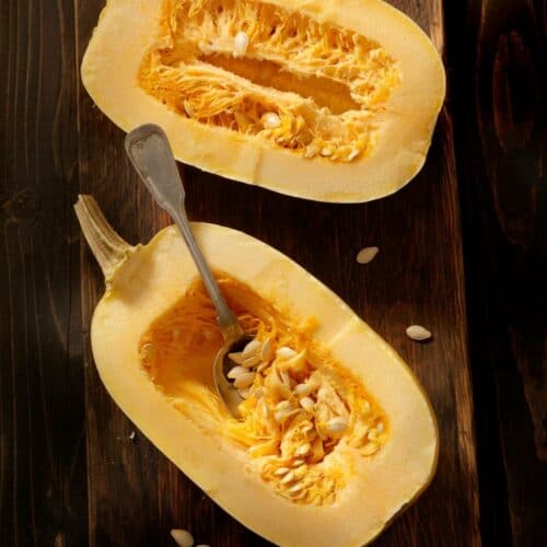 A spaghetti squash cut in half.