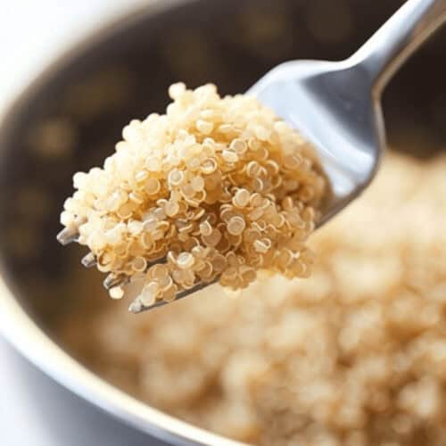 A fork holds a portion of cooked quinoa above a pot, showcasing the simplicity of learning how to cook quinoa in a rice cooker.