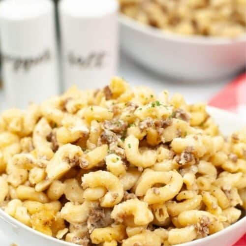 A plate of instant pot cheeseburger macaroni on a white plate.