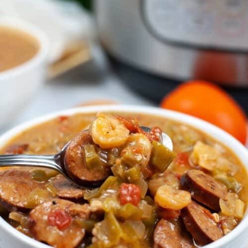 A bowl of the finished gumbo.
