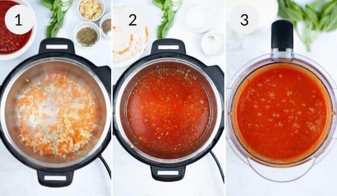 The three-step process of making Instant Pot Tomato Soup involves sautéing onions and garlic, mixing ingredients in the pot, and blending the soup. Various fresh ingredients are visible in separate bowls.