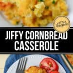 A serving of Jiffy Cornbread Casserole on a white plate with sliced tomatoes, garnished with parsley. A fork holds a bite of the casserole above the plate.