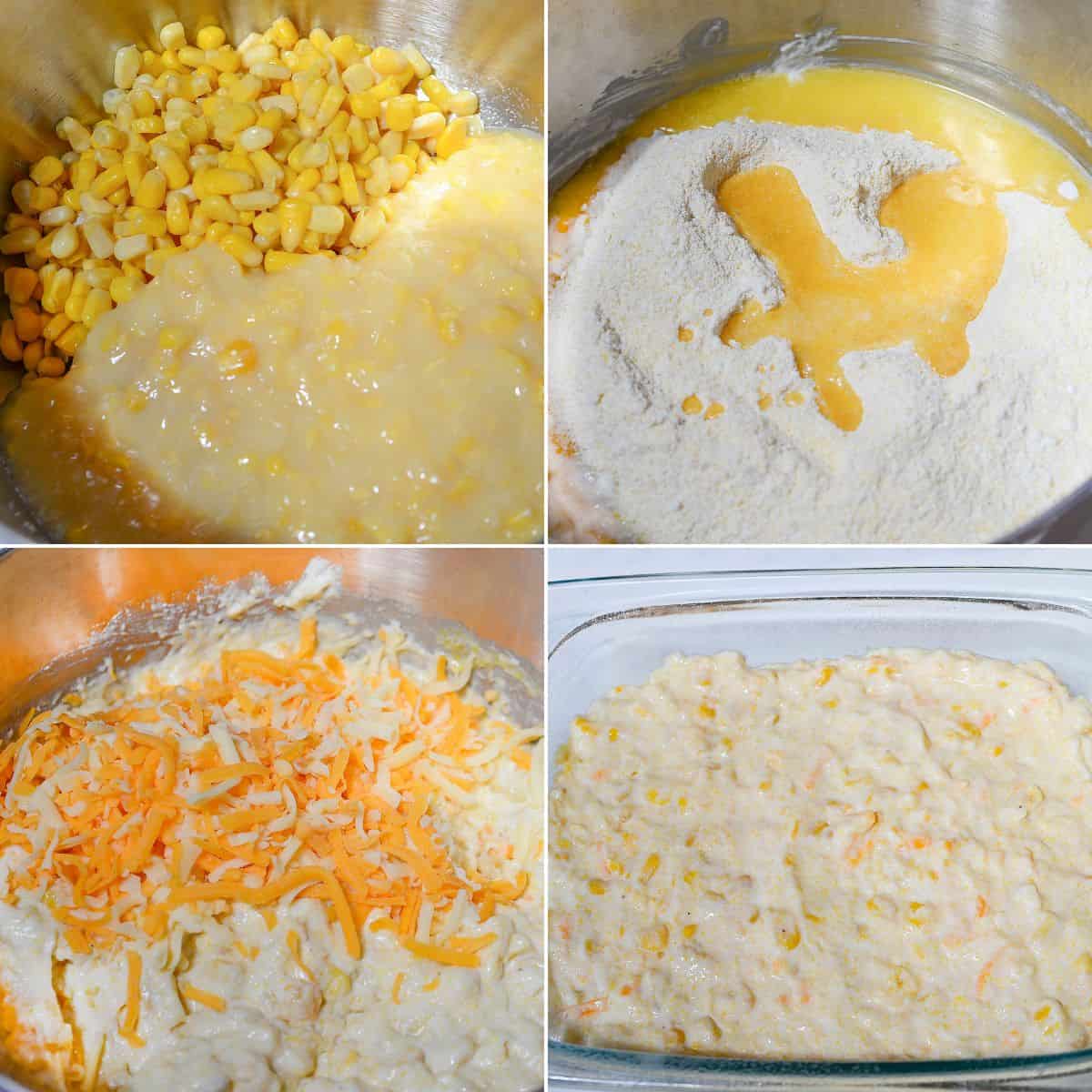 Four-step collage showing  being made with corn, batter, flour, oil, shredded cheese, and a mixture prepared and placed into a glass baking dish.