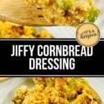 A serving of Jiffy Cornbread Dressing with celery is shown on a plate and on a wooden spoon, with the text "Jiffy Cornbread Dressing" displayed in the center.