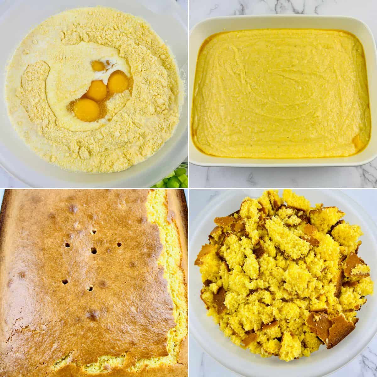 Four-panel image showing the stages of making Jiffy Cornbread Dressing: mixing ingredients, batter in a pan, baked cornbread, and crumbled cornbread.