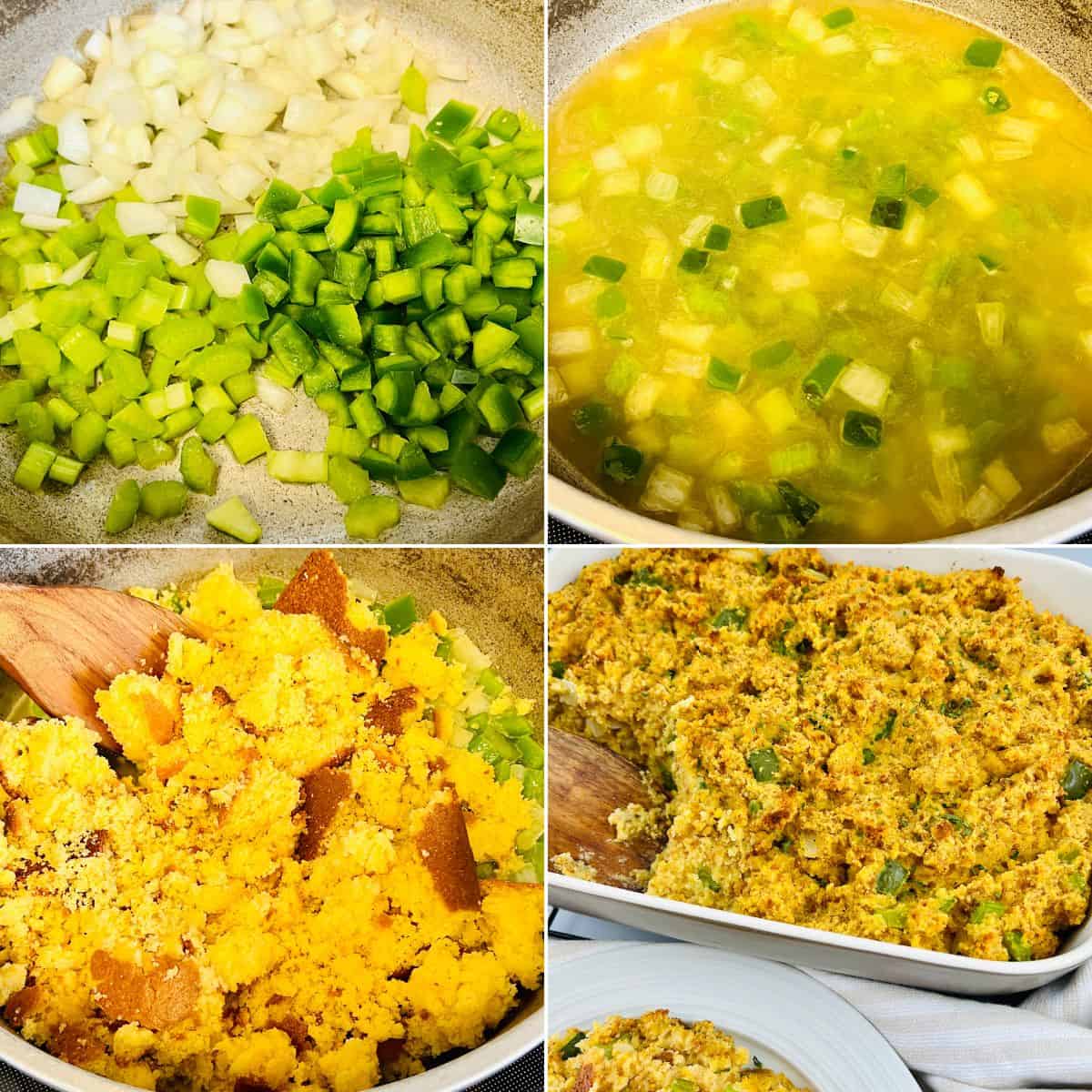 A four-panel image shows chopped onions and celery, a pot of broth with vegetables, crumbled bread in a baking dish.