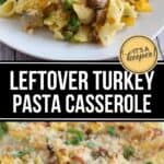 A serving of baked turkey pasta casserole on a white plate, with a baking dish of this delicious Turkey Pasta Recipe topped with breadcrumbs and parsley in the background.