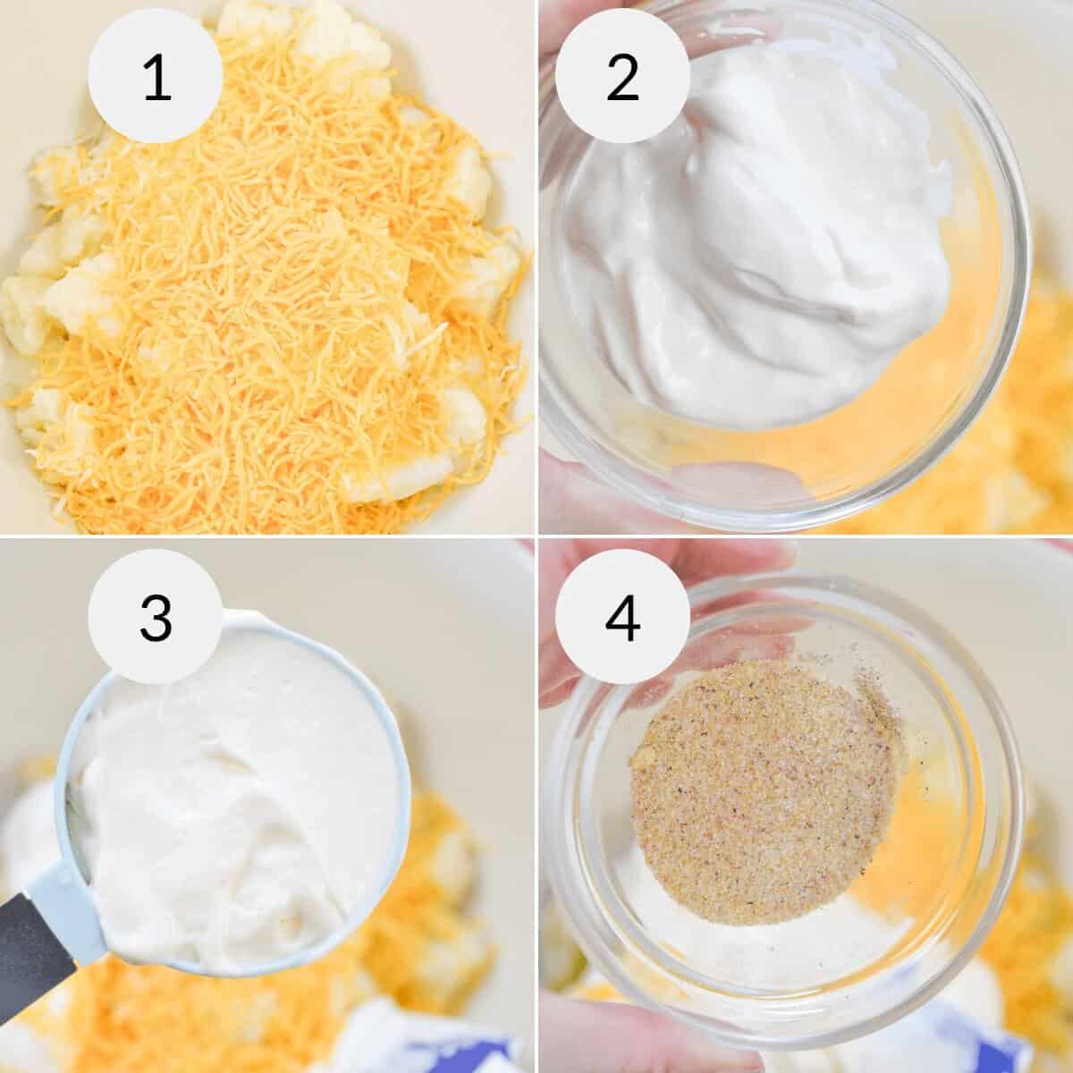 1. Grate cheese over cauliflower. 2. Mix sour cream in a bowl. 3. Add the creamy delight to the casserole. 4. Blend a savory seasoning mix in a small bowl, and sprinkle it on top for a flavor-packed finish!.
