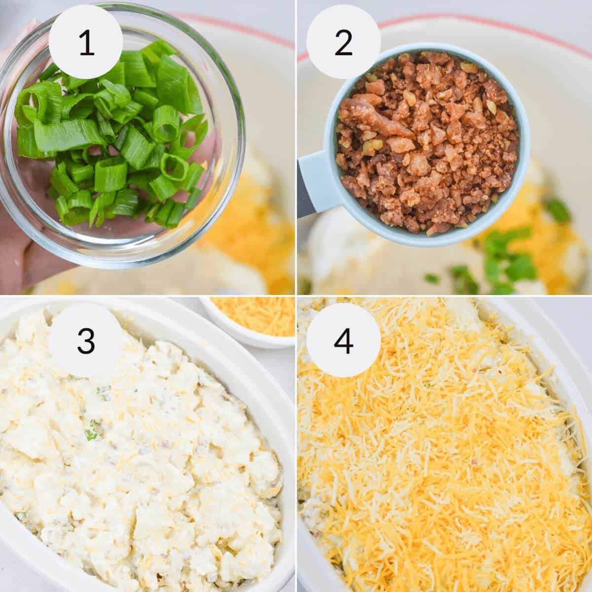 Four-step preparation: 1. Chopped green onions. 2. Bacon bits added. 3. Mixed with creamy dressing 4. Topped with shredded cheese for extra flavor.