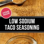 A metallic spoon filled with low sodium taco seasoning rests on a wooden surface, with a glass jar of the same seasoning partially visible above.