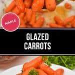 A close-up showcases a spoonful of radiant Maple Glazed Carrots, perfectly plated and garnished with fresh parsley. A label proudly reads: "Maple Glazed Carrots.