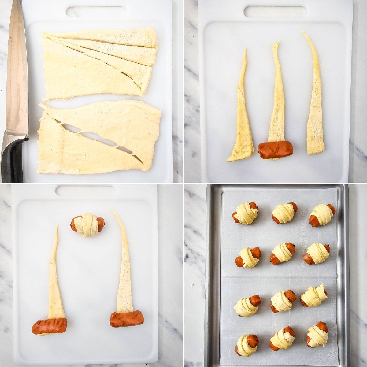 Four-panel collage showing steps  cutting dough, wrapping sausage pieces, and placing the prepared mini treats on a baking tray.